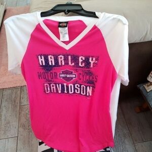 Harley-Davidson Pink and White Short Sleeve Tee